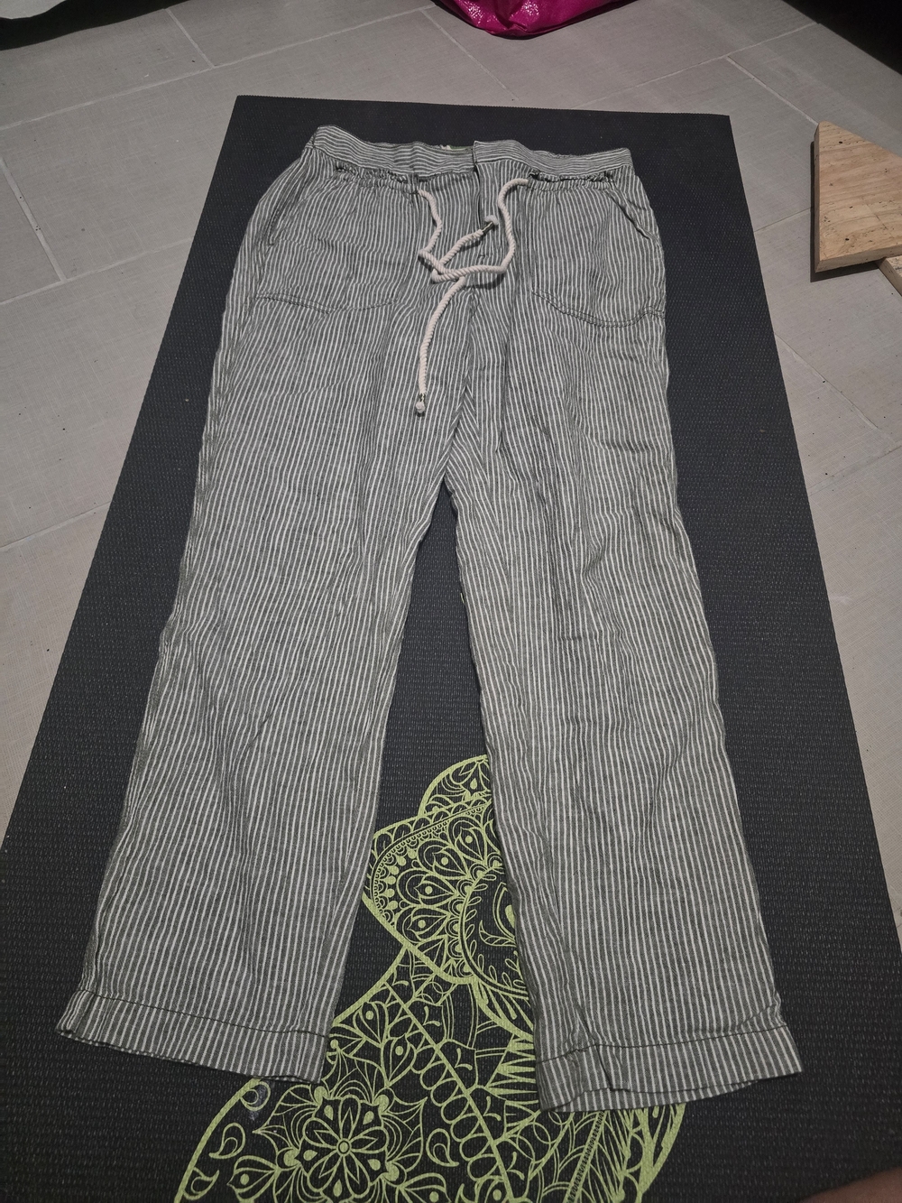 Anthropologie Sage Green Pinstripe Drawstring Linen-Blend Joggers